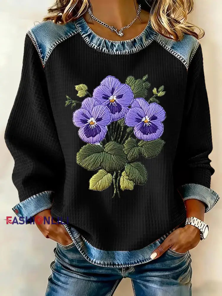 Women’s Purple Pansy Flowers Print Casual Sweatshirt Black / S
