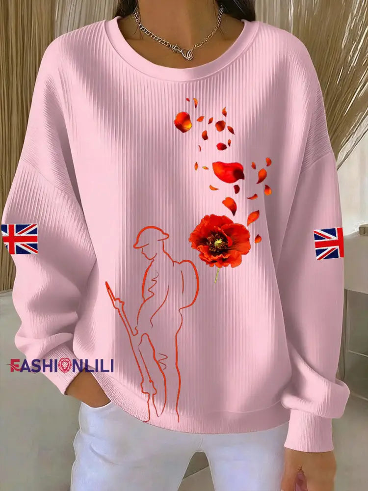Women’s Remembrance Day Lest We Forge Ribbed Round-Neck Sweatshirt Pink / S