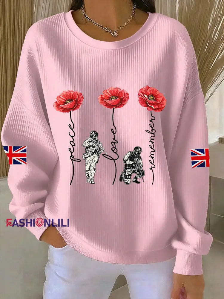 Women’s Remembrance Day Lest We Forget Ribbed Round-Neck Sweatshirt Pink / S