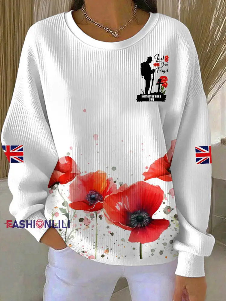 Women’s Remembrance Day Lest We Forget Ribbed Round-Neck Sweatshirt White / S
