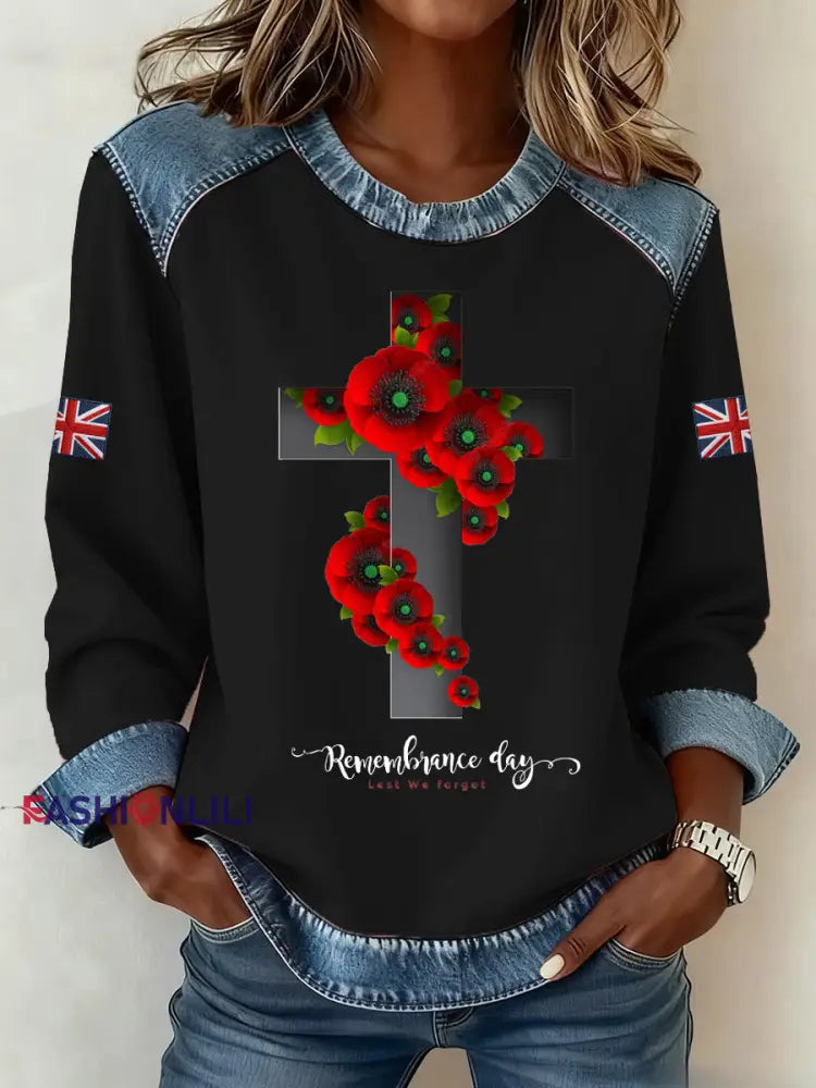 Women’s Remembrance Day Pattern Patchwork Sweatshirt Black / S