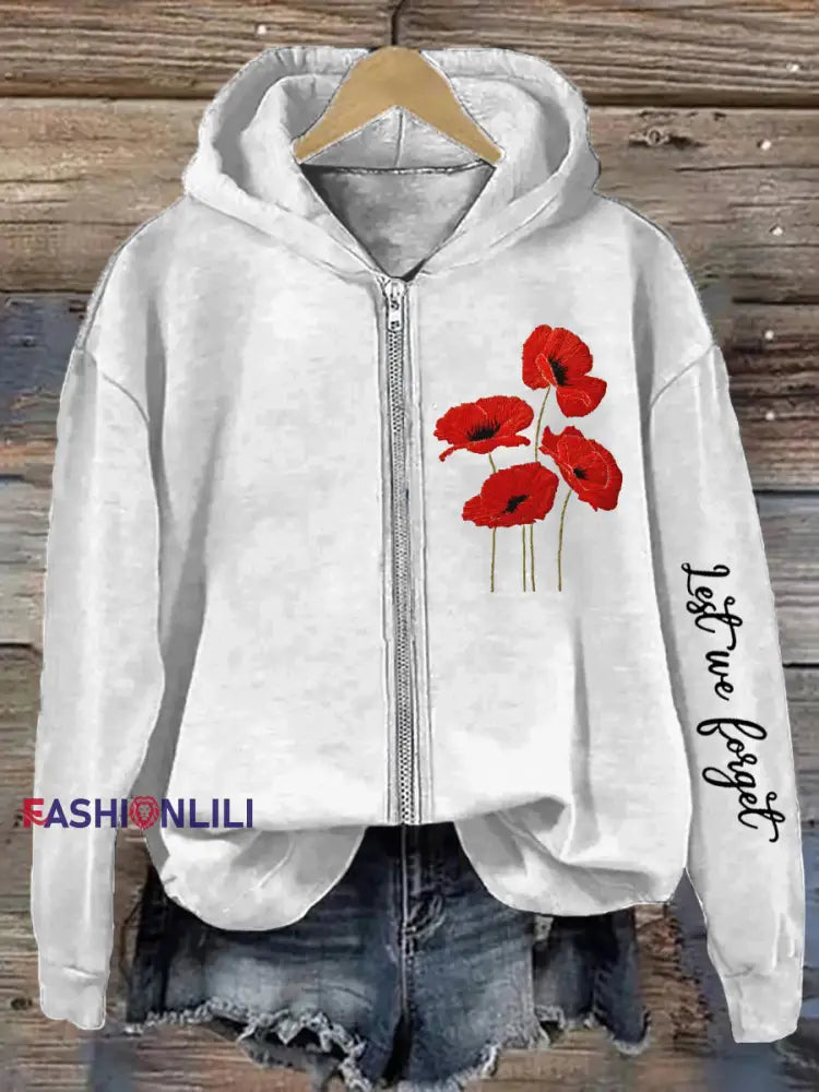 Women’s Remembrance Day Poppy Floral Printed Hoodie Jacket White / S