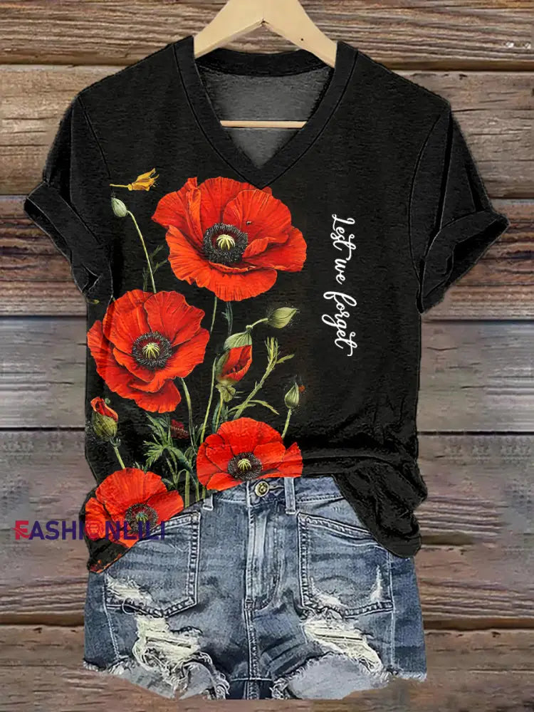 Women’s Remembrance Day Poppy Floral Printed T-shirt Black / S