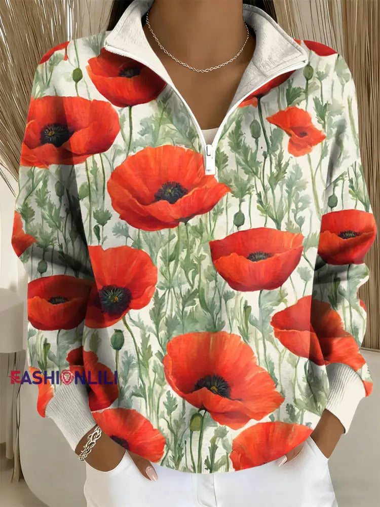 Women’s Remembrance Day Poppy Floral Printed Zip Top As picture / S