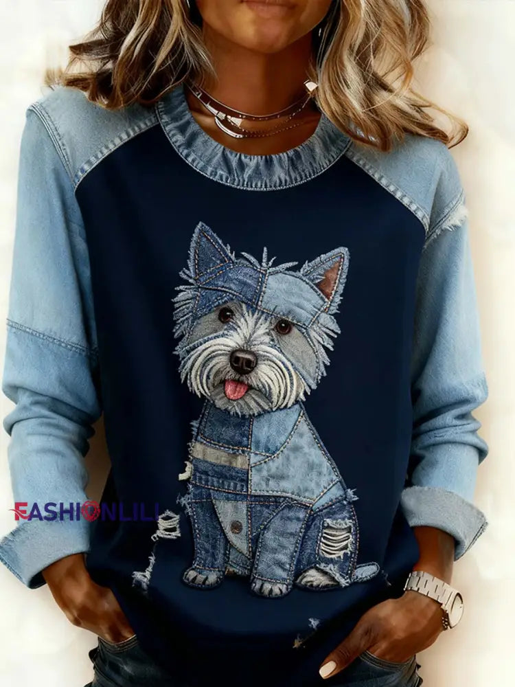 Women’s Retro Animal Art Print Comfortable Denim Patchwork Sweatshirt A / S