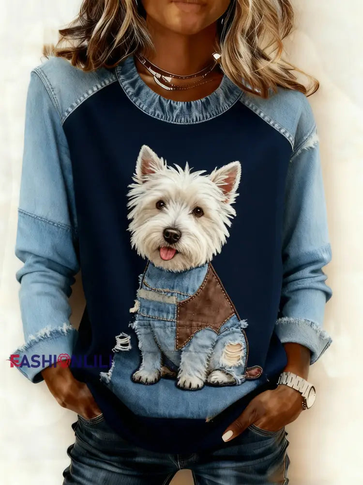 Women’s Retro Animal Art Print Comfortable Denim Patchwork Sweatshirt A / S