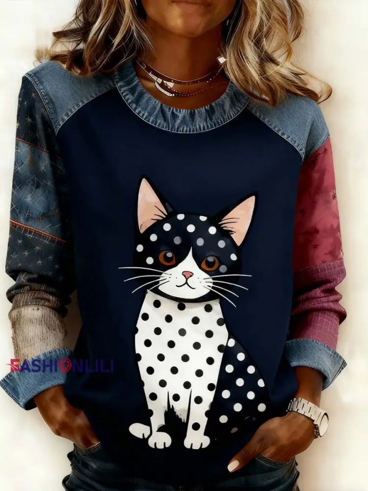 Women’s Retro Animal Art Print Comfortable Denim Patchwork Sweatshirt A / S