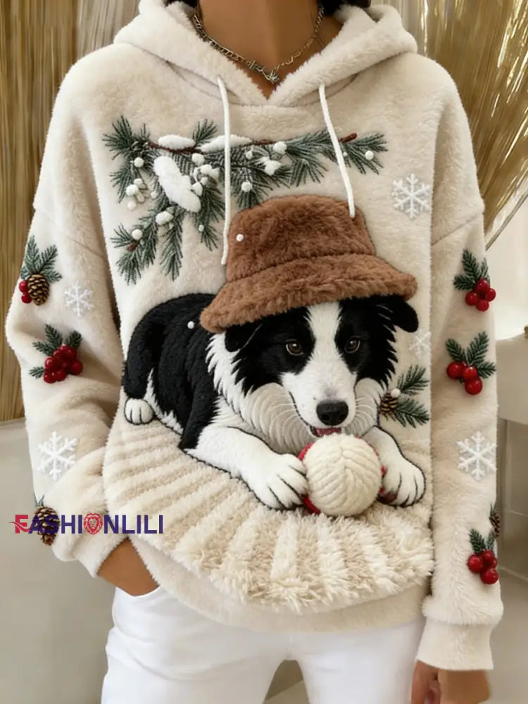 Women’s Retro Animal Art Print Comfortable Flannel Hooded Sweatshirt A / S