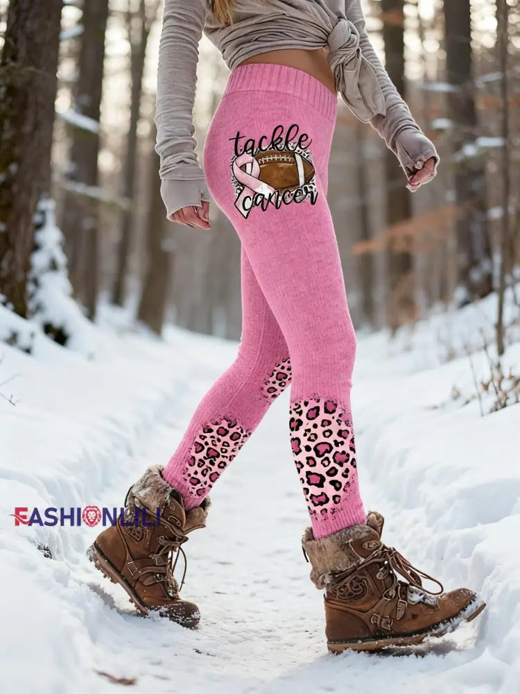 Women’s Retro Breast Cancer Awareness Leopard Print Sports Stretch Leggings Pink / S