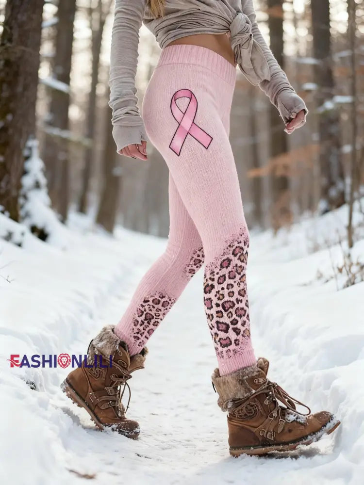Women’s Retro Breast Cancer Awareness Leopard Print Sports Stretch Leggings Pink / S