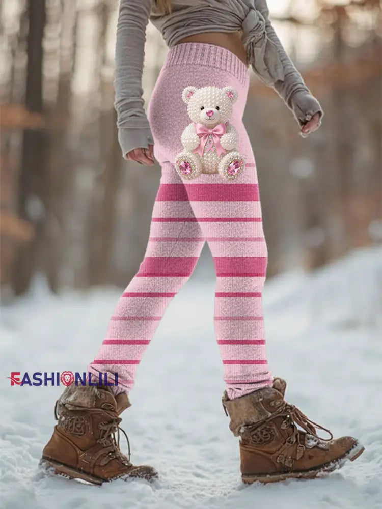 Women’s Retro Breast Cancer Prevention Campaign Bear Print Sports Stretch Leggings Pink / S