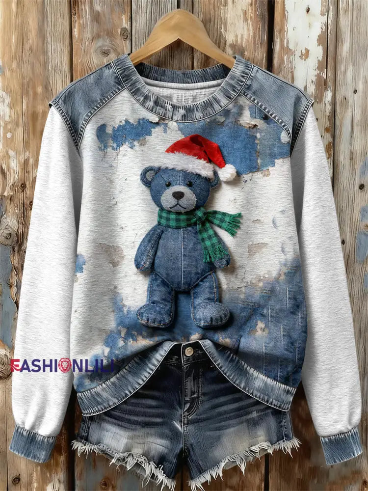 Women’s Retro Christmas Denim Bear Print Sweatshirt As picture / S