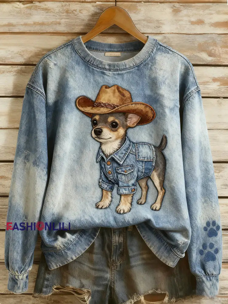 Women’s Retro Denim Patchwork Animal Art Print Casual Comfort Long-Sleeve Sweatshirt A / S
