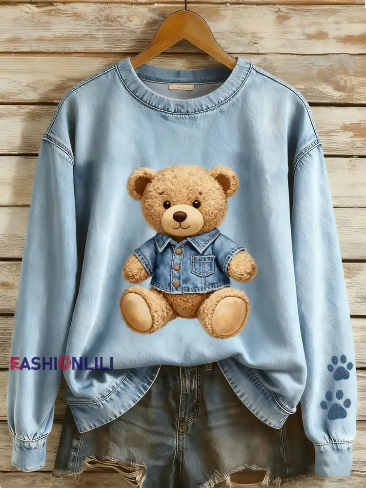 Women’s Retro Denim Patchwork Animal Art Print Casual Comfort Long-Sleeve Sweatshirt A / S