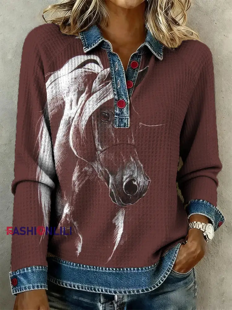 Women’s Retro Horse Art Print Denim Patchwork Top As picture / S