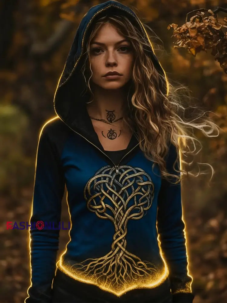 Women’s Retro Viking Celtic Knot Tree Of Life Gradient Sports Hooded Jacket Navy Blue / S