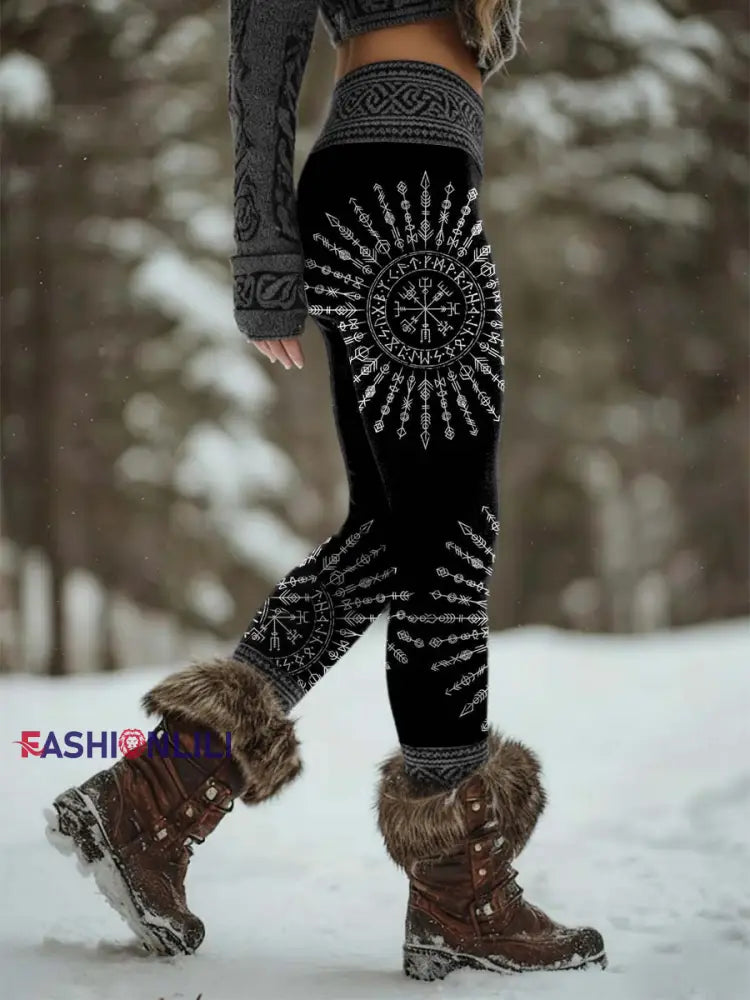 Women’s Retro Viking Celtic Knot Valkyrie Rune Sports Stretch Leggings Black / S