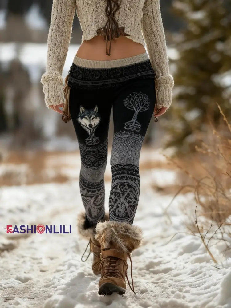 Women’s Retro Viking Wolf Celtic Knot Tree Of Life Gradient Sports Stretch Leggings Black / S