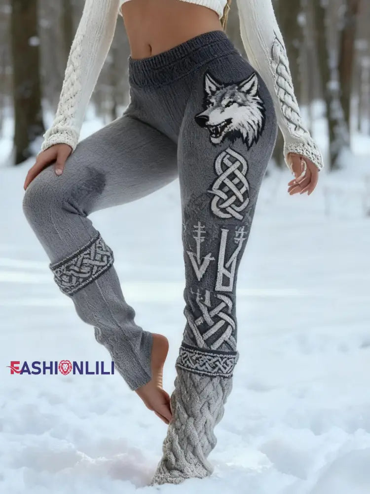 Women’s Retro Viking Wolf Celtic Knot Vigvir Rune Gradient Sports Stretch Leggings Gray / S