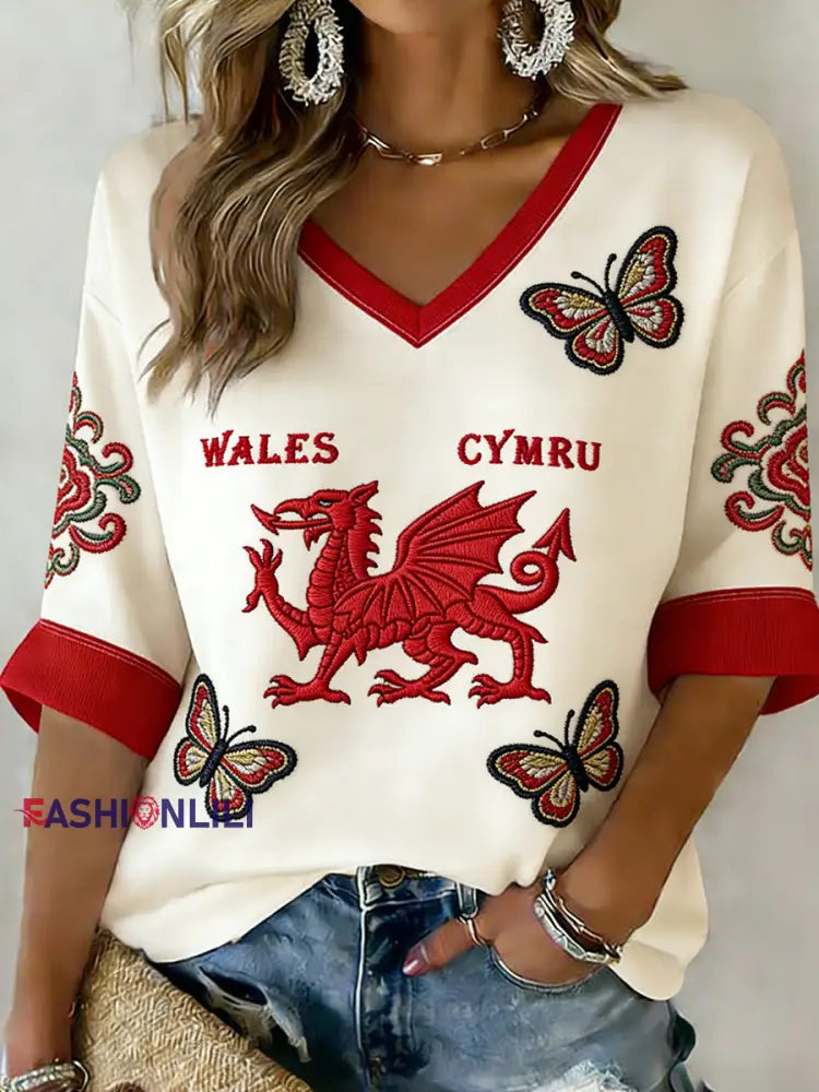 Women’s Retro Welsh Rugby Fan Printed Casual Top A / S