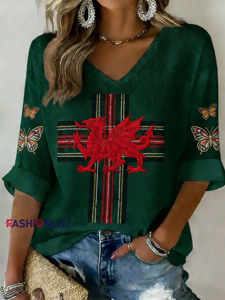 Women’s Retro Welsh Rugby Fan Printed Casual Top A / S