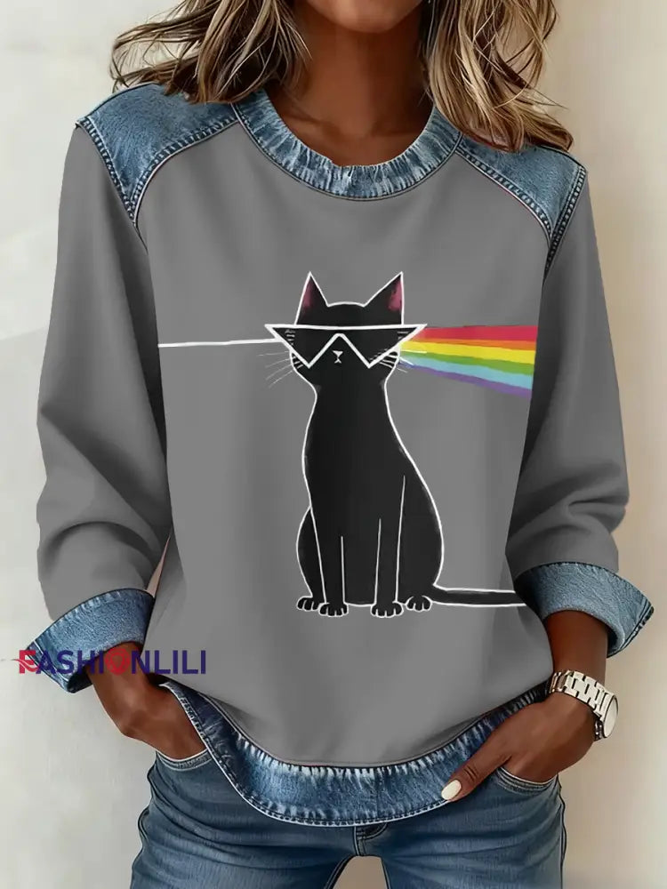 Women’s rock band lover Denim Patchwork Top Gray / S