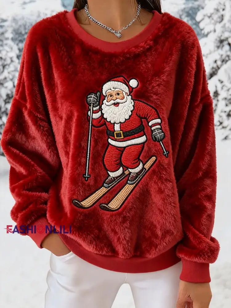 Women’s Santa Claus Ski Fleece Sweatshirts Deep Red / S