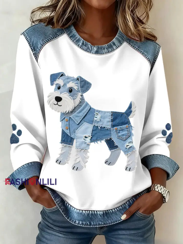 Women’s Schnauzer Dog Pattern Denim Patchwork Art Sweatshirt White / S