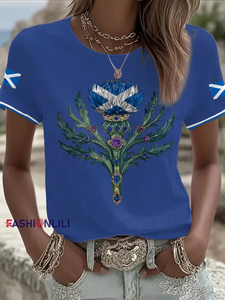Women’s Scotland Flag Art Thistle Printed T shirt Blue / S