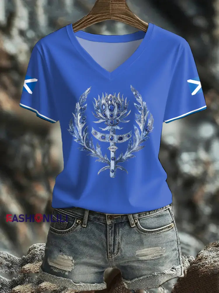 Women’s Scotland Flag Art Thistle Printed T shirt Blue / S