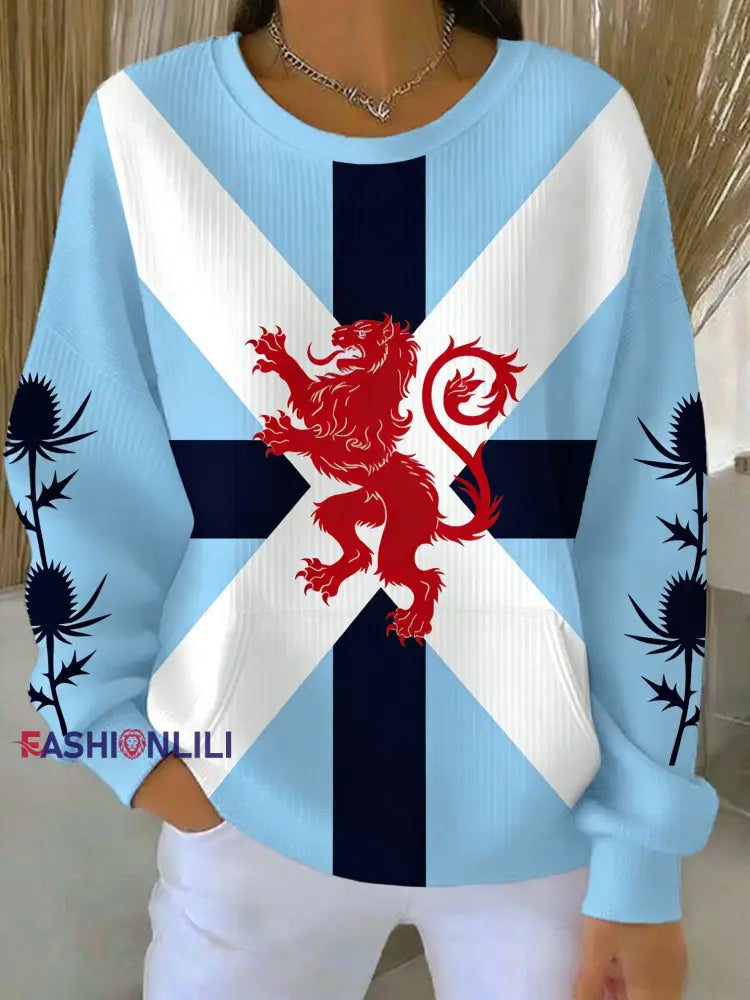 Women’s Scotland Football Lover Tartan Army Casual Long-Sleeve Sweatshirt Blue / S
