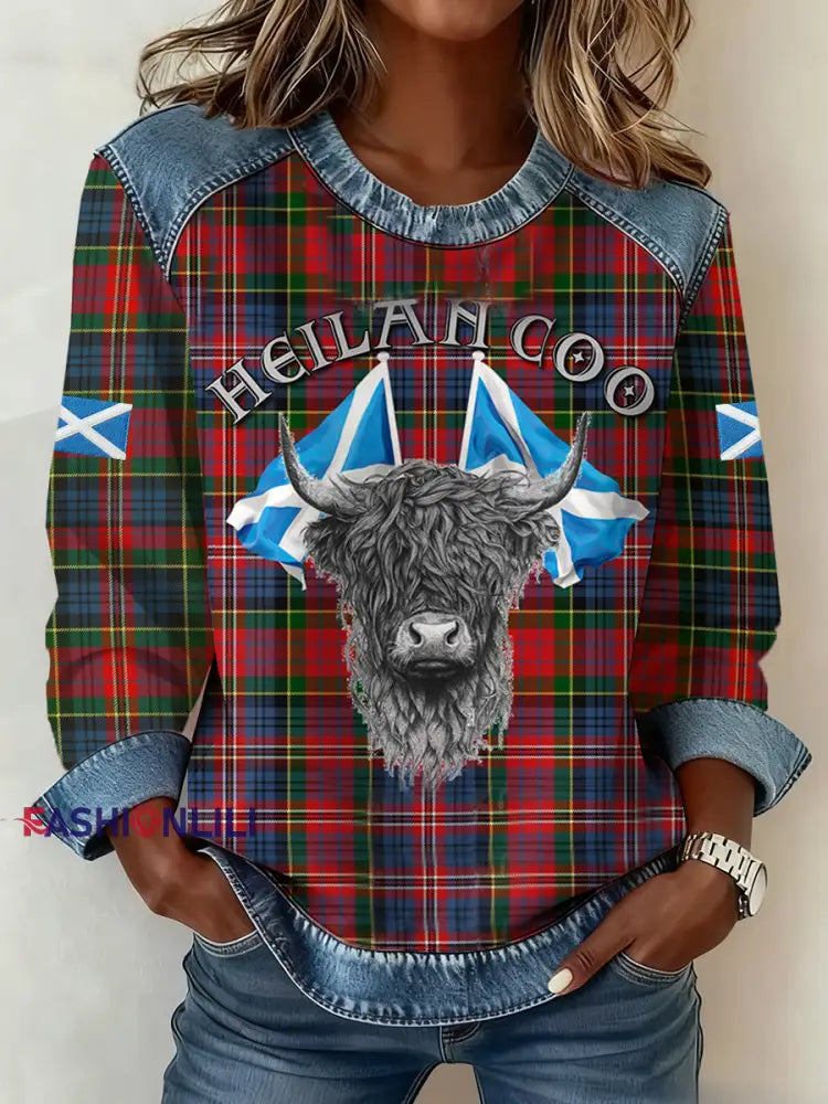 Women’s Scotland Highland Cow Print Denim Patchwork Top Red / S