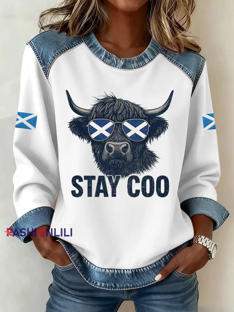 Women’s Scotland Highland Cow Print Denim Patchwork Top White / S