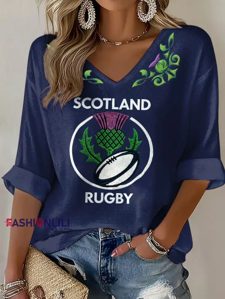 Women’s Scotland Rugby Lover Printed Waffle Tops Navy Blue / S