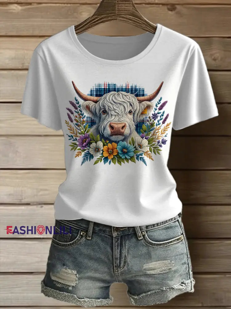 Women’s Scottish Highland Cattle Printed Vintage Fashion Loose Short Sleeve T-Shirt White / S