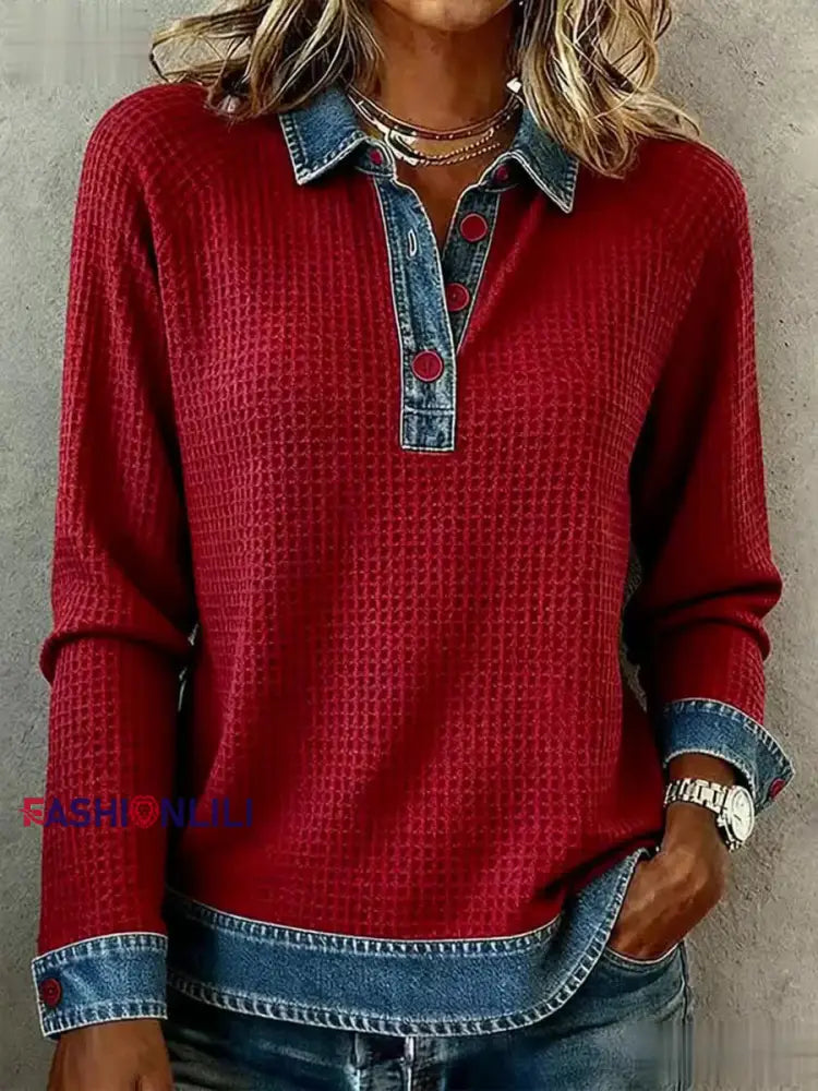 Women’s Simple Patchwork Design Cozy Top Red / S