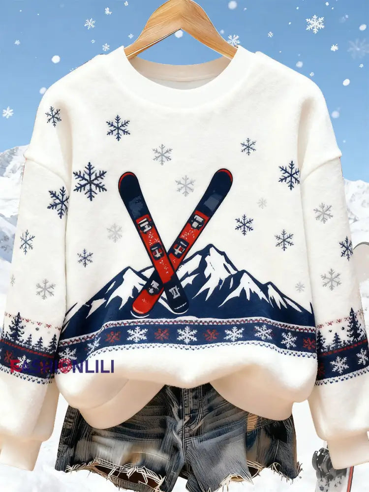 Women’s Ski Art Print Casual Top White / S