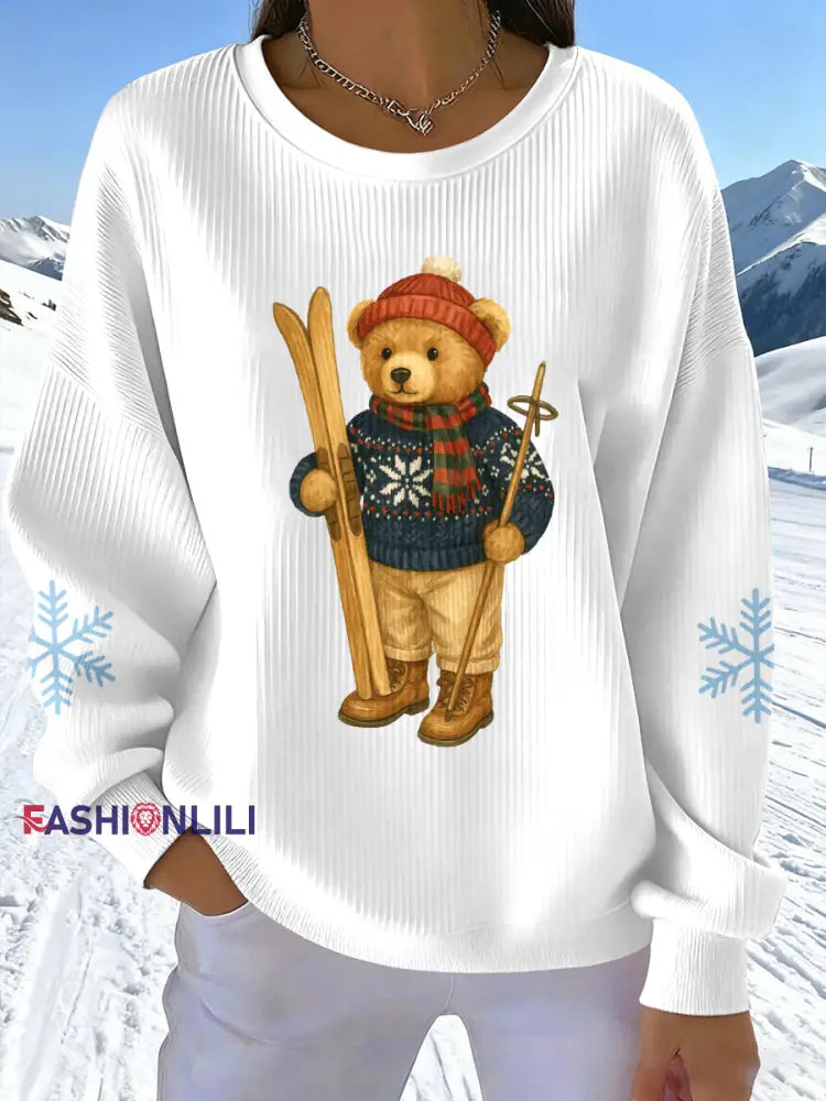 Women’s Skiing Bear Print Sweatshirt White / S