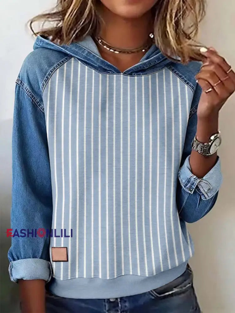 Women’s Striped Pattern Patchwork Art Hoodie Blue / S