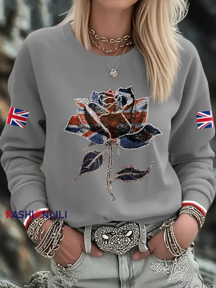 Women’s UK Flag Art Printed Sweatshirt Light Gray / S