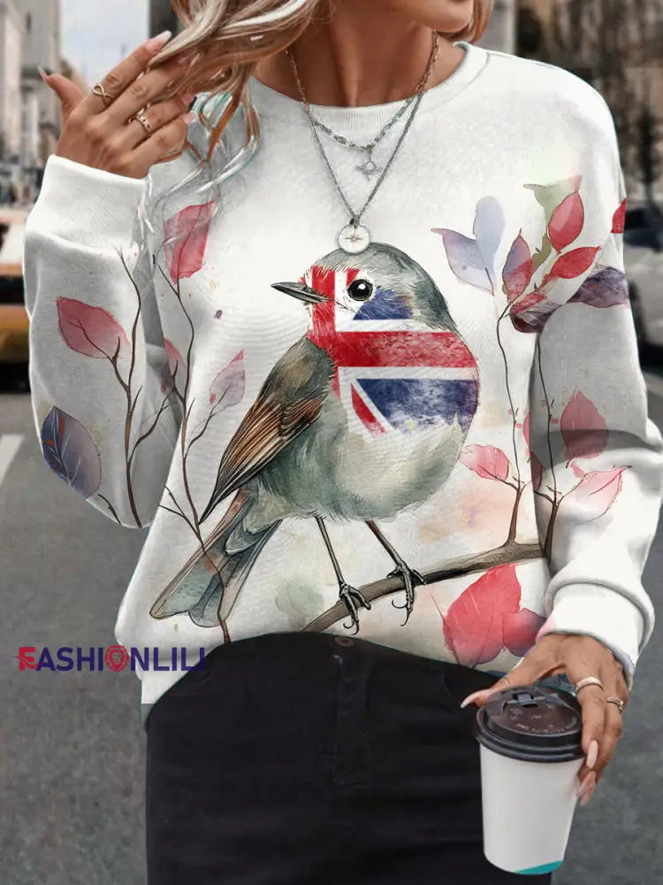 Women’s UK Flag Art Robin Watercolor Printed Sweatshirt