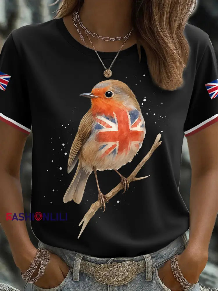 Women’s UK Flag Art Robin Watercolor Printed T-shirt Black / S