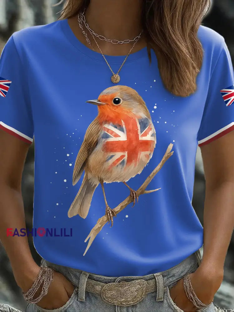 Women’s UK Flag Art Robin Watercolor Printed T-shirt Blue / S