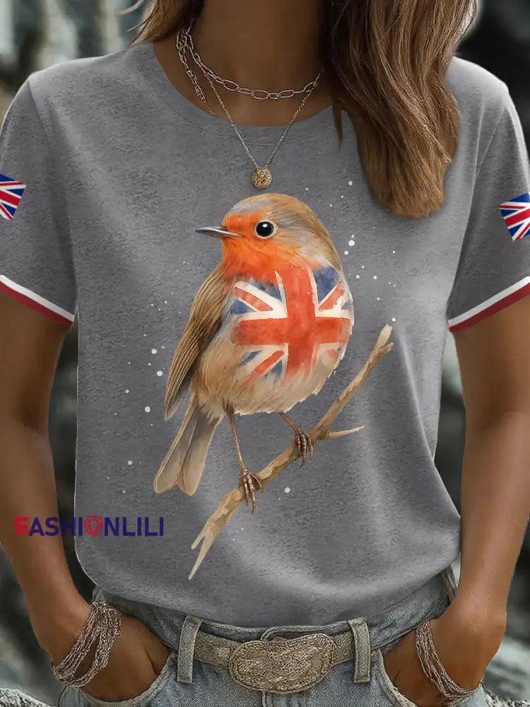 Women’s UK Flag Art Robin Watercolor Printed T-shirt Light Gray / S