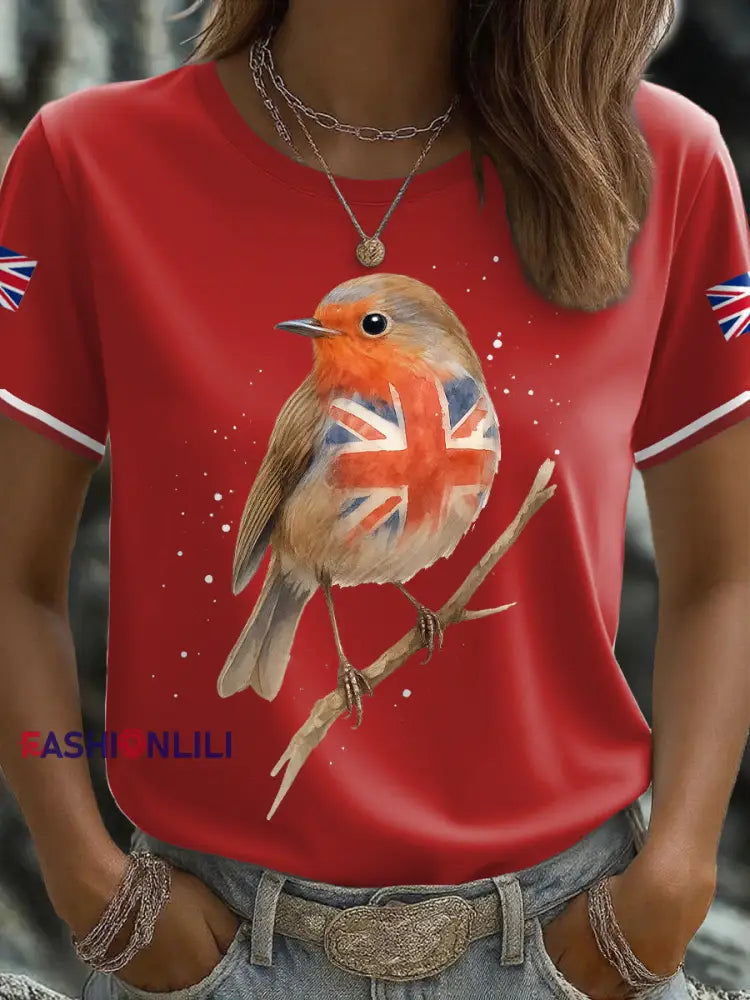 Women’s UK Flag Art Robin Watercolor Printed T-shirt Red / S