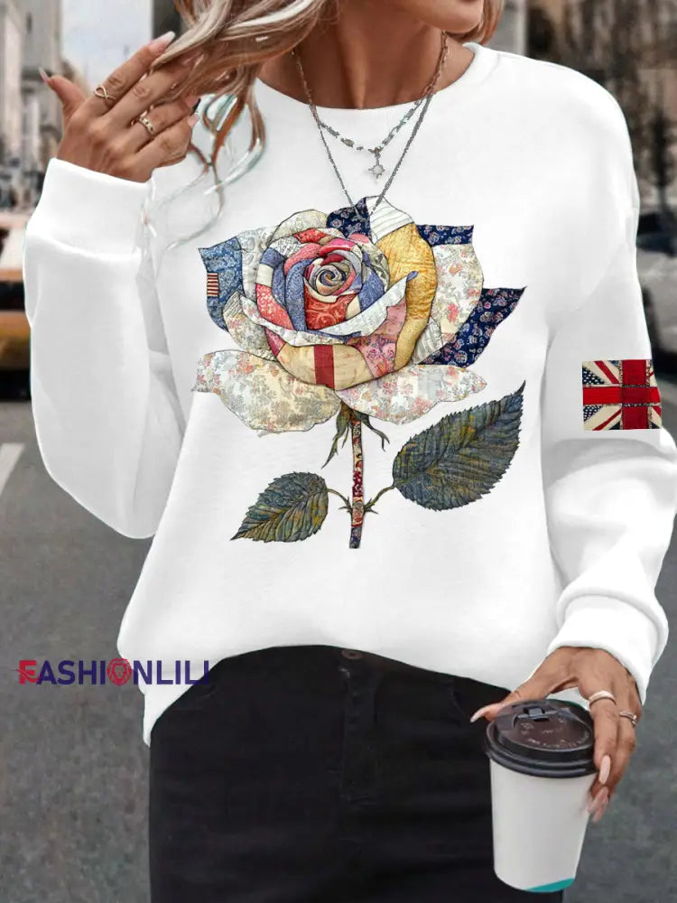 Women’s UK Flag Art Rose Printed Sweatshirt White / S