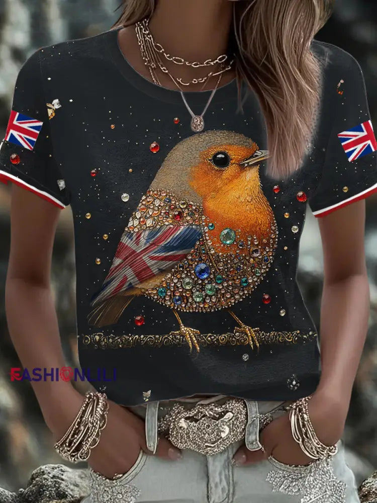 Women’s UK Flag Art Rose Printed T shirt Black / S