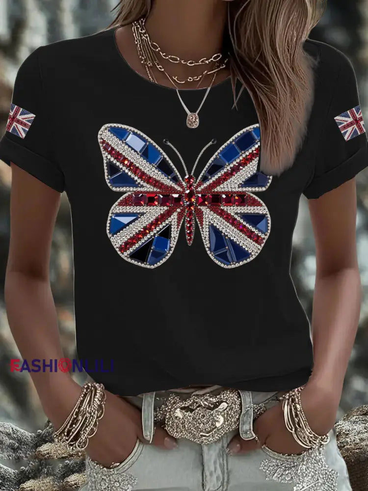 Women’s UK Flag Butterfly Printed T shirt Black / S