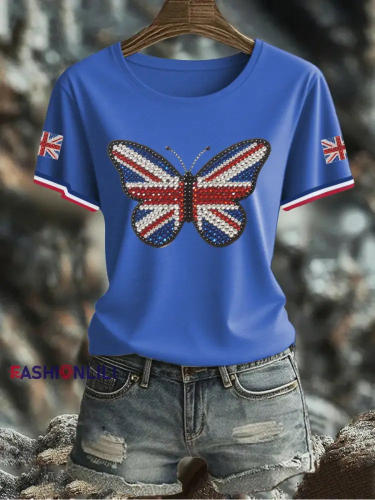 Women’s UK Flag Butterfly Printed T shirt Blue / S
