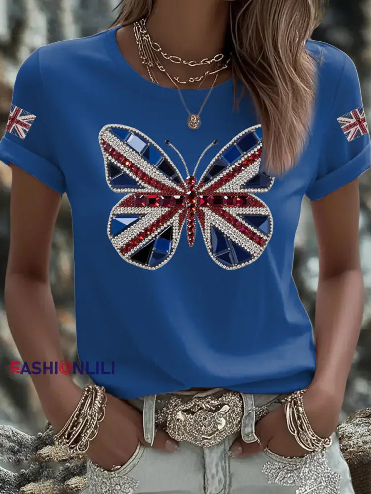 Women’s UK Flag Butterfly Printed T shirt Blue / S
